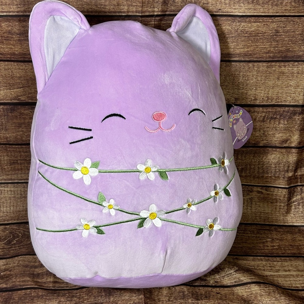 Squishmallows Mak Lavender Cat 16 Inch‎ Floral White Daisy Chain Plush NEW